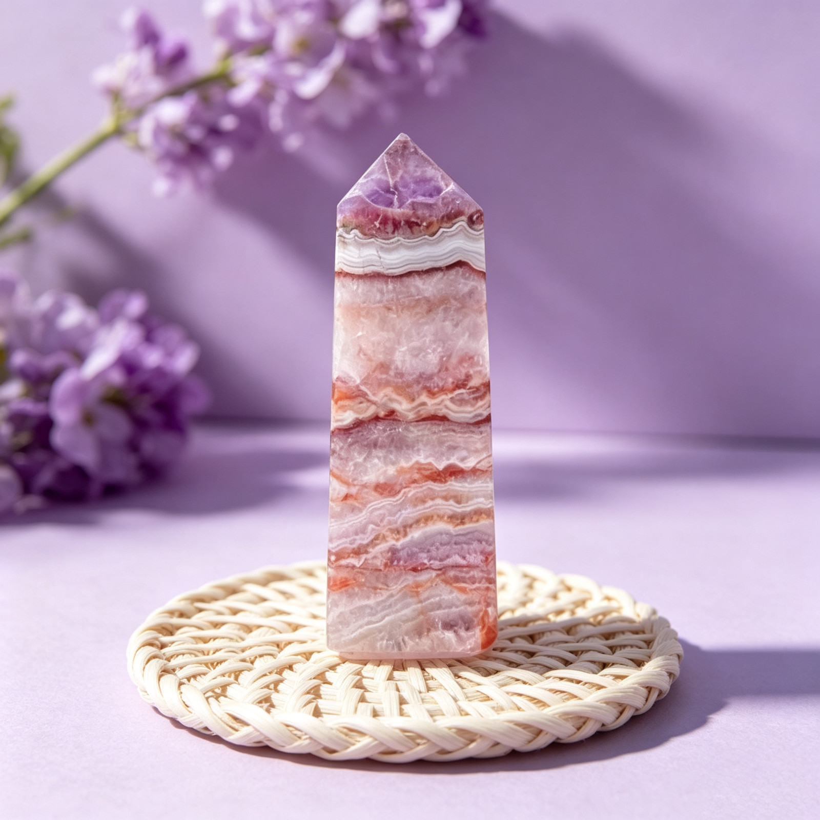 Amethyst Crazy Lace Agate Tower Banded Purple Crystal Obelisk Reiki Home Decor