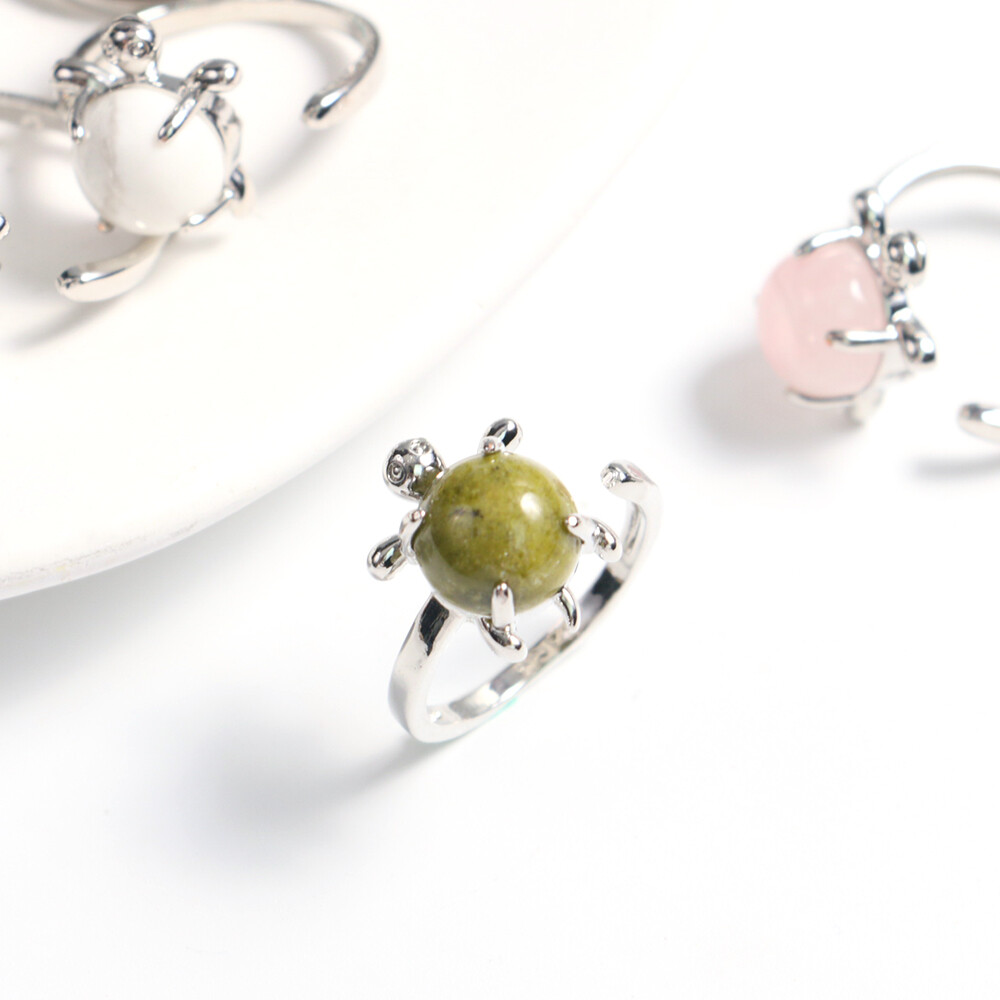 Mini Turtle Ring Natural Crystal Stone Chakra Quartz Round Bead Healing Reiki