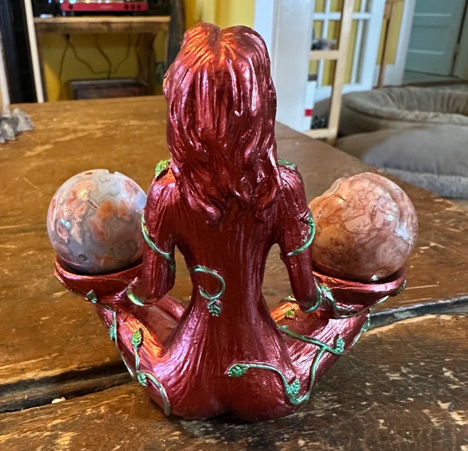 Two pink amethyst druzy spheres and “earth mother” resin stand Free shipping