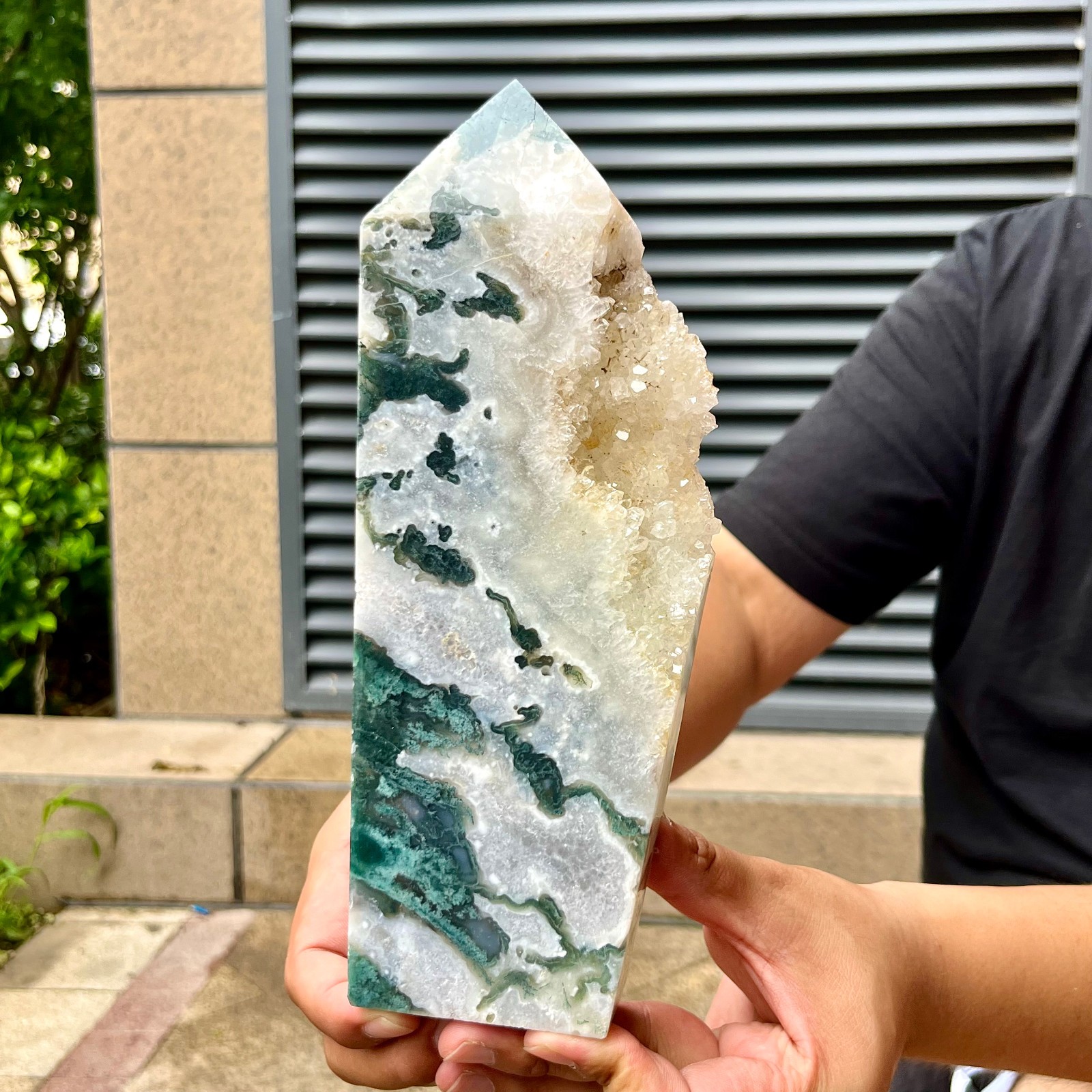 2.7 lb Moss Agate Point Green Crystal Tower Easter Gift Home Office Display