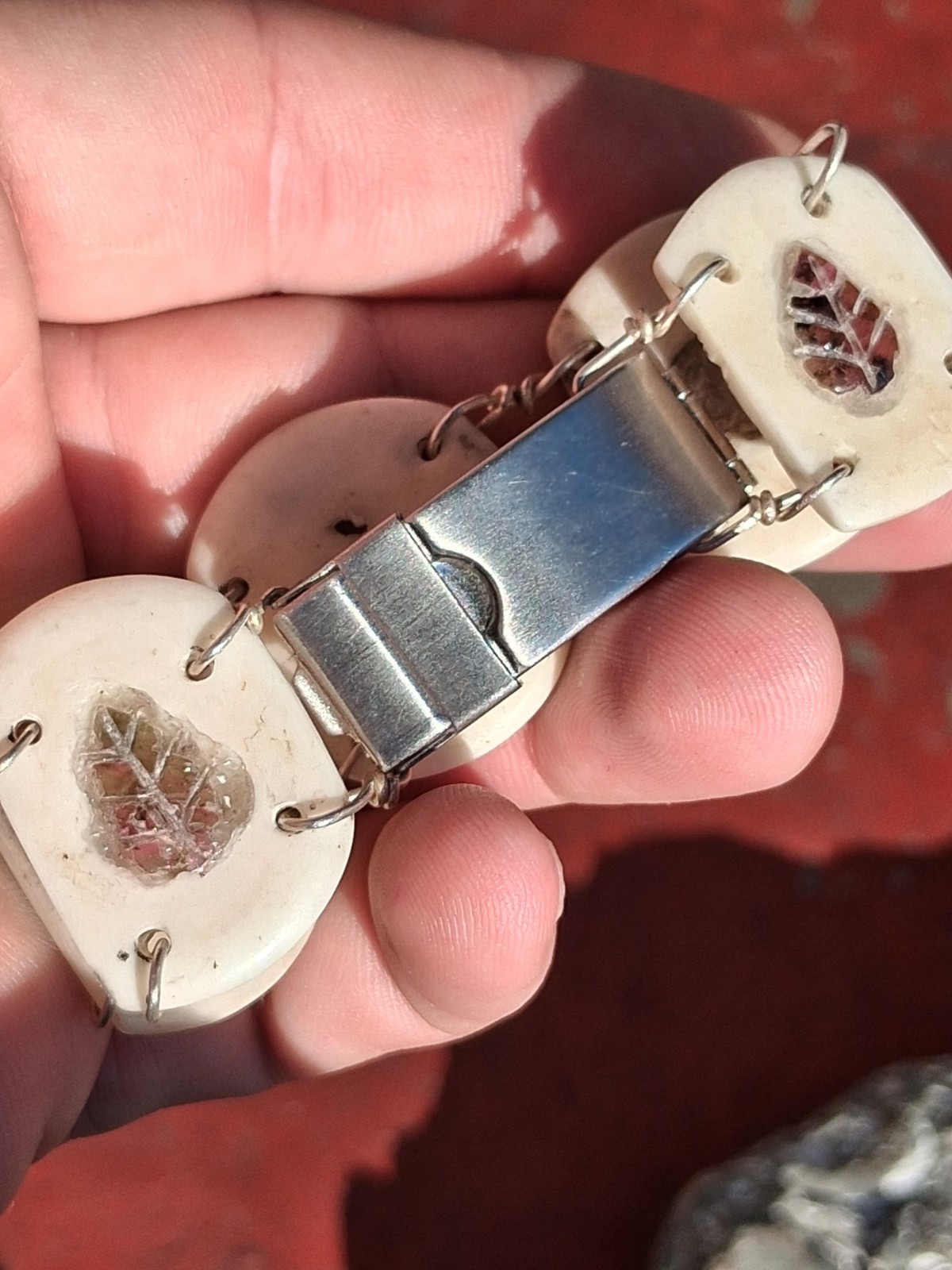 6 Inch Leaf Carved Watermelon Tourmaline In Water Buffalo Bone Bracelet