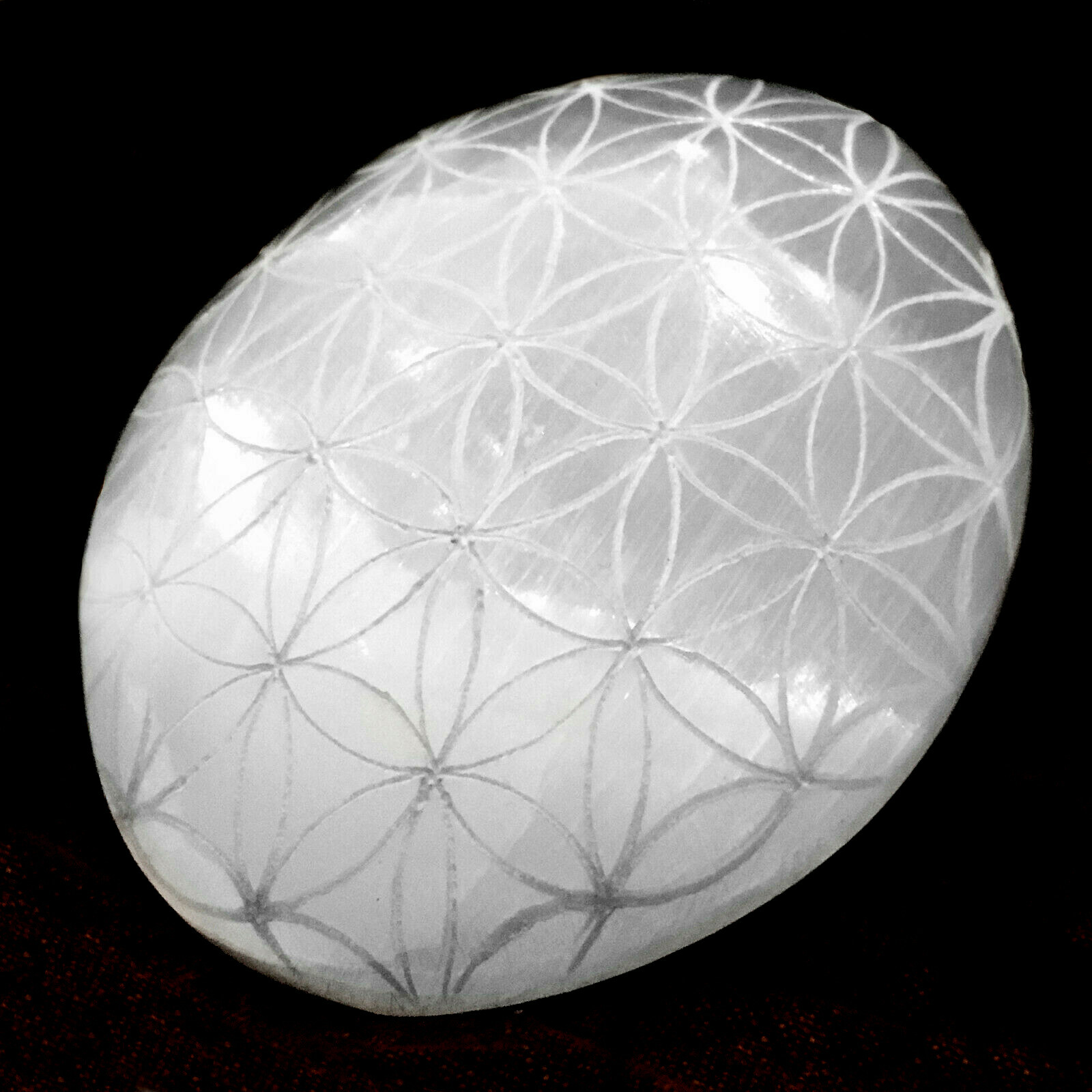 Selenite Palm Stone Etched Flower Life Crystal Healing Reiki Polish Worry Stone