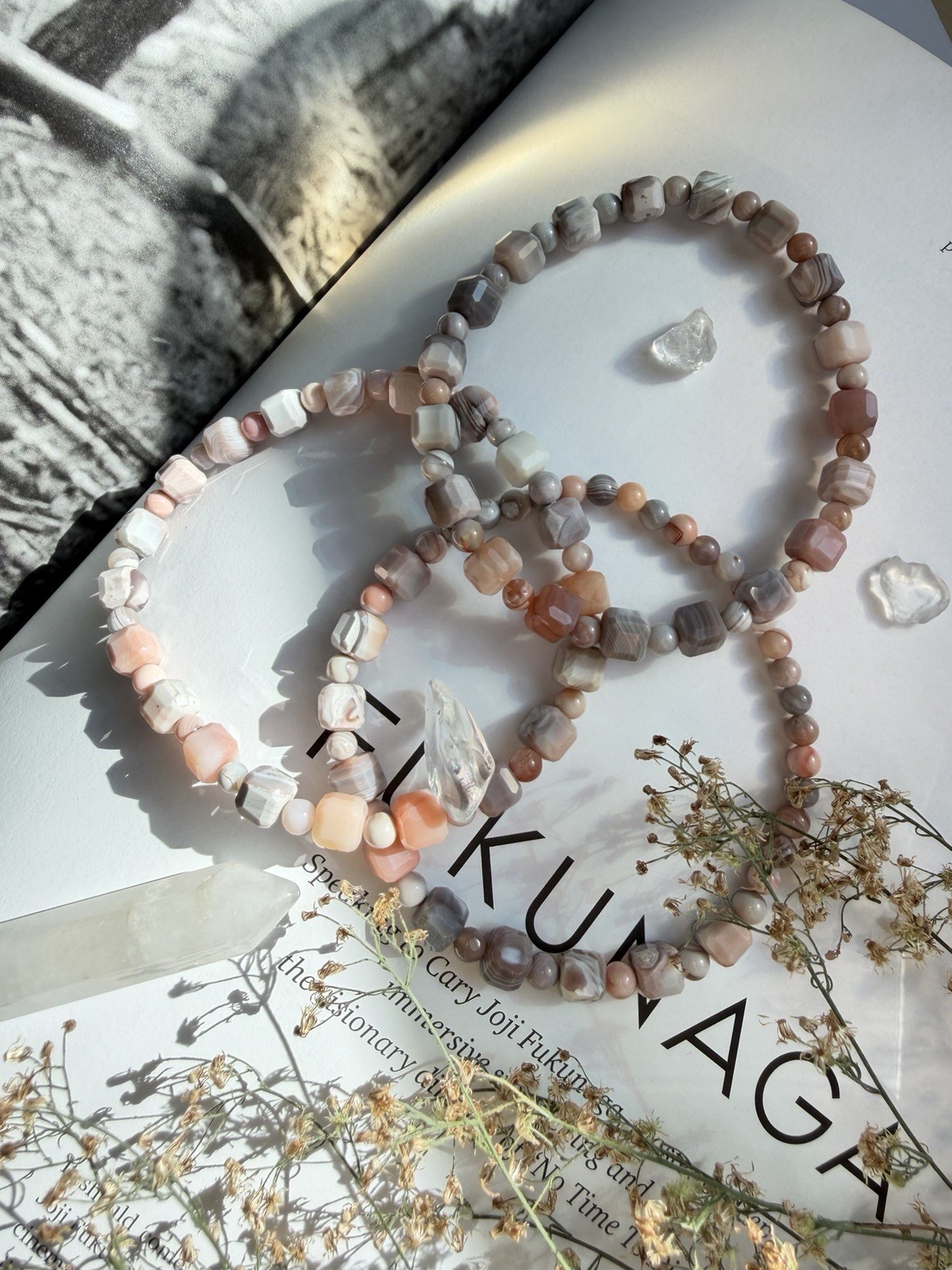 RARE AAA Pink Botswana Agate Cube and Round Design Bracelet 6mm/4mm – 7″ C