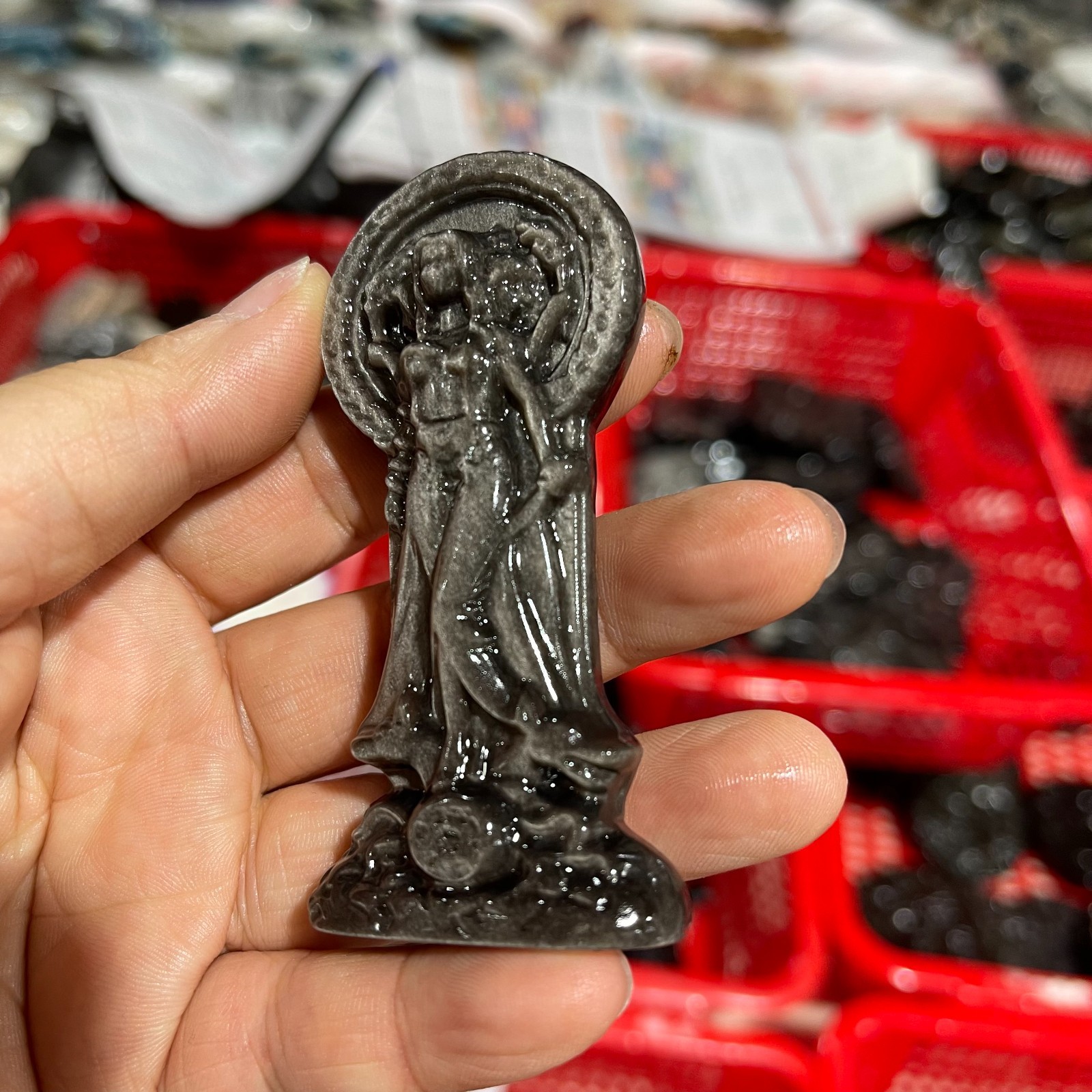 1pcs Nature Silver Sheen Obsidian Hecate Goddess Statue Greek Moon Goddess 8cm