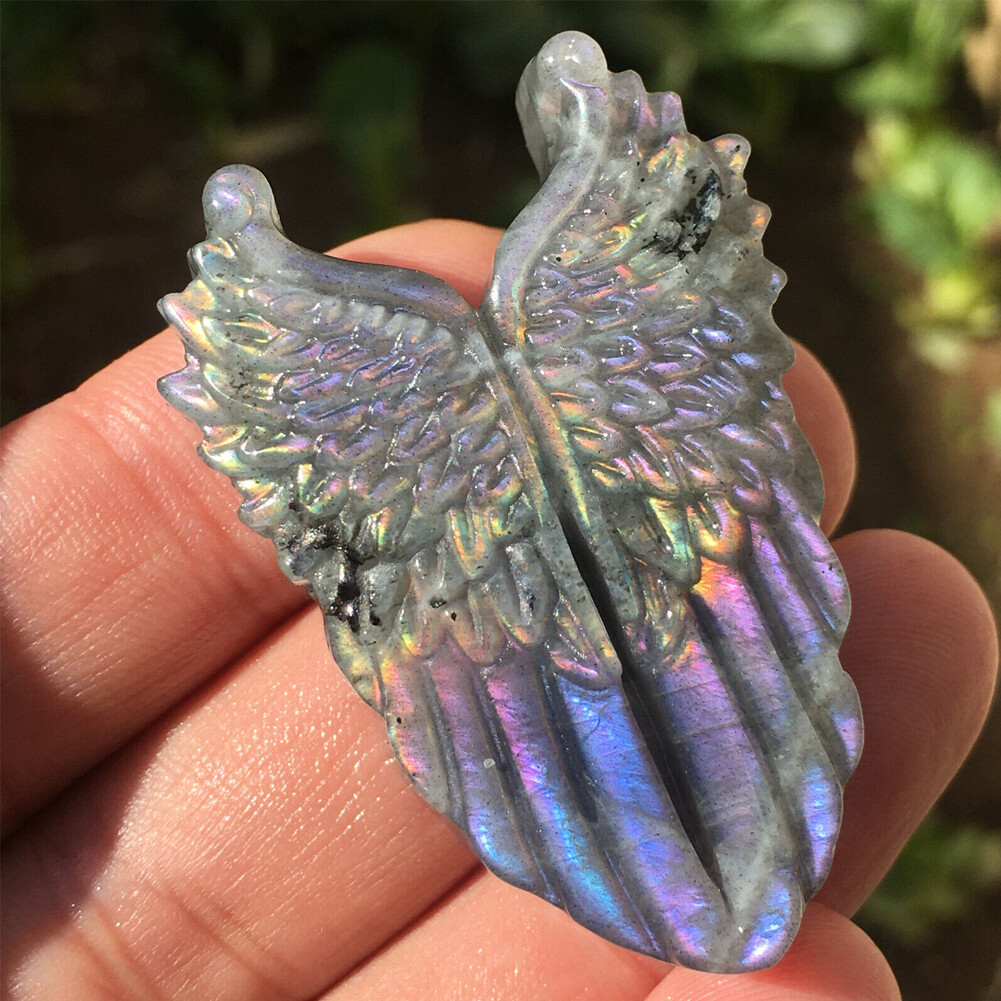 1PCS Natural Purple Labradorite Quartz Hand carved Wing Crystal Reiki healing##