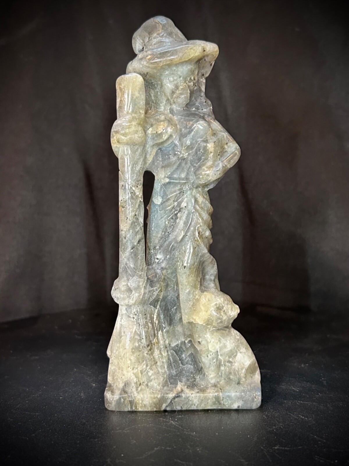6″ Low Flash Gray Labradorite Witch, Broom, And Cat Carving 11.4oz
