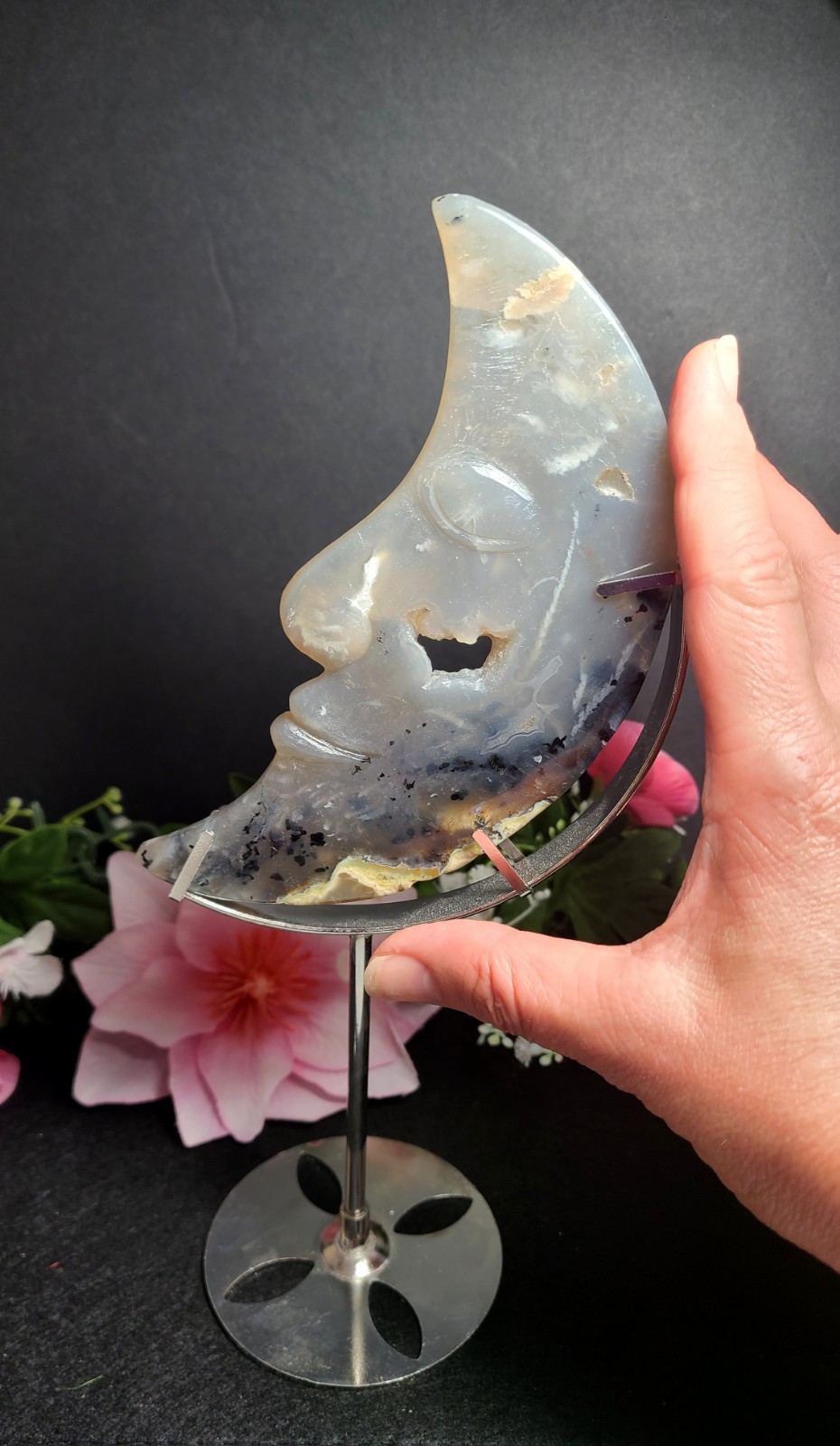 X Large 6″ UV Reactive A+ Druzy Volcano Agate Crystal Stone Moon Face w/ Stand