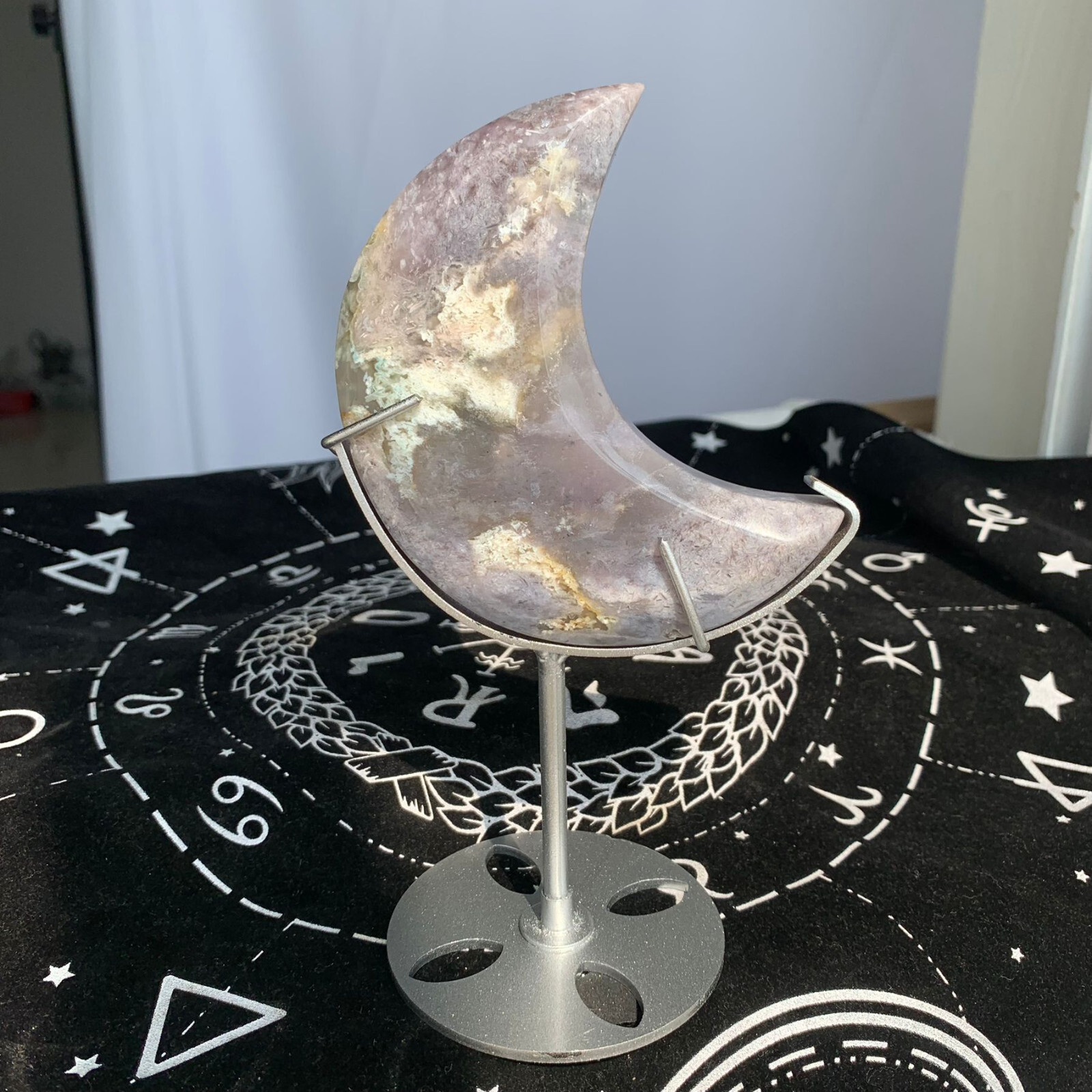 313g Blue Flower Agate Moon With Stand Crystal Art Meditation Spiritual Decor