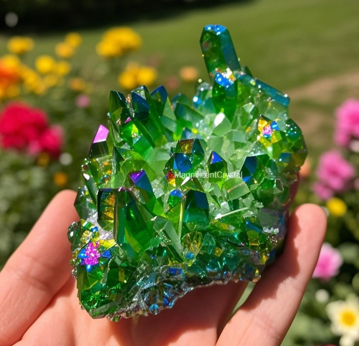Green Crystal Geode Titanium-Coated Angel Aura Quartz Cluster Healing Reiki Deco