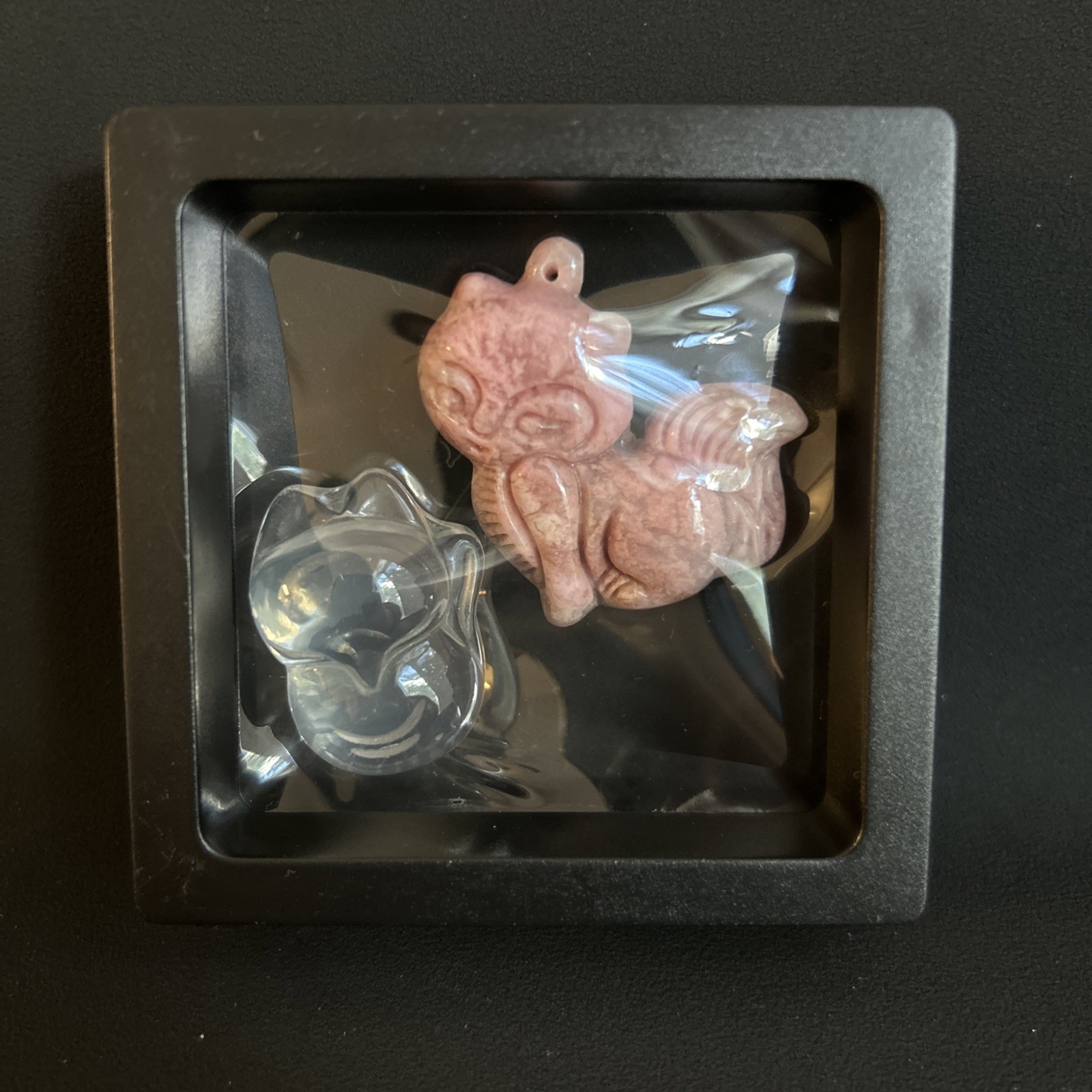Fox pendants hand carved from natural rhodonite and clear quartz (pre-drilled)