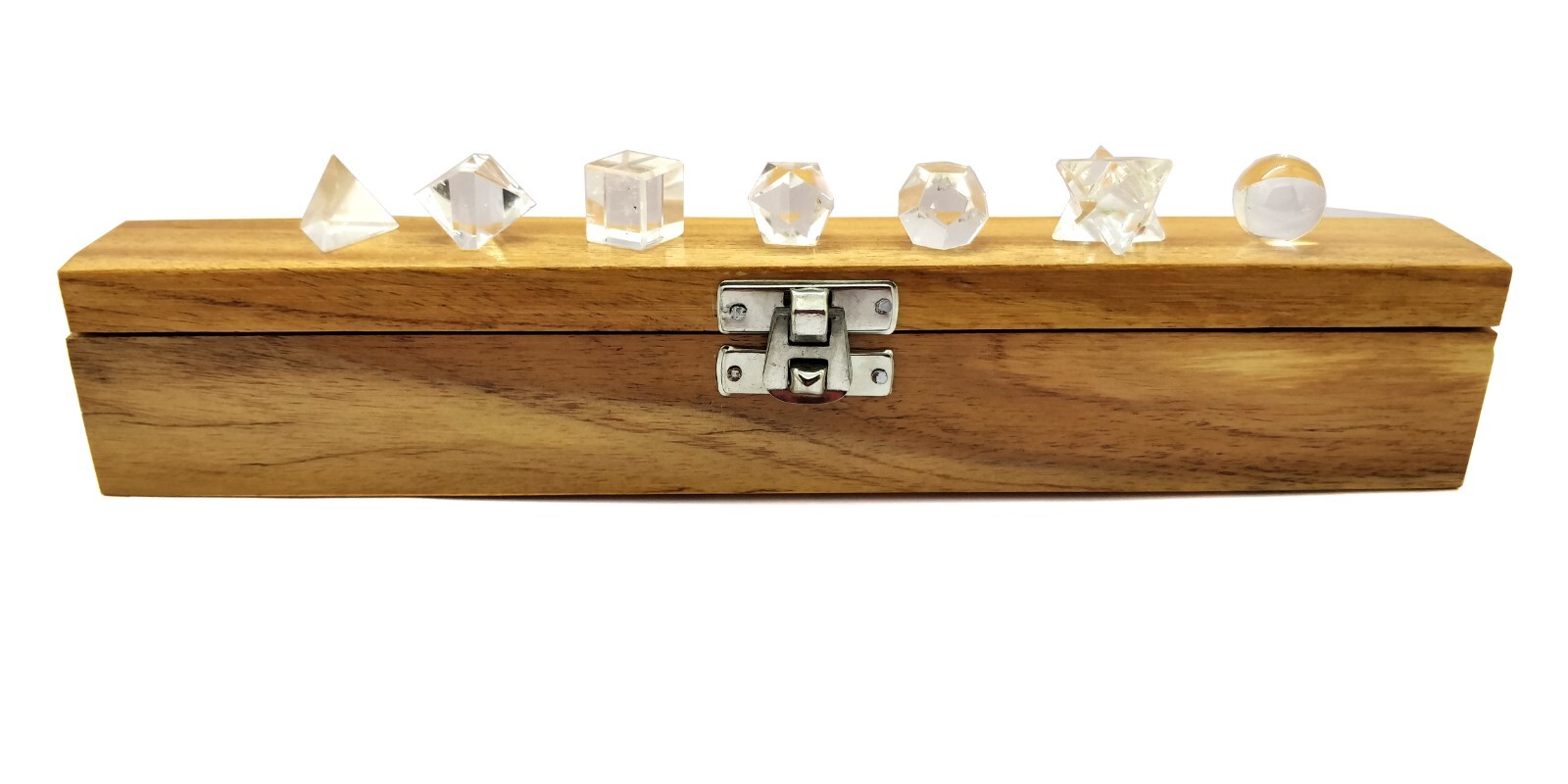 Crystal Quartz Geometry 7 Pcs Platonic Solid Set In Wooden Box Healing Crystals