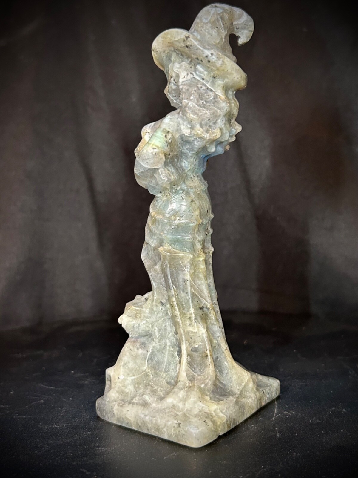 6″ Low Flash Gray Labradorite Witch, Broom, And Cat Carving 11.4oz
