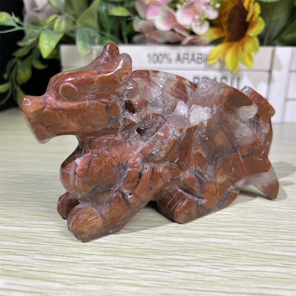 0.8LB 4″ Indonesian Agate Geode Dragon Figurine Quartz Crystal Reiki Carving