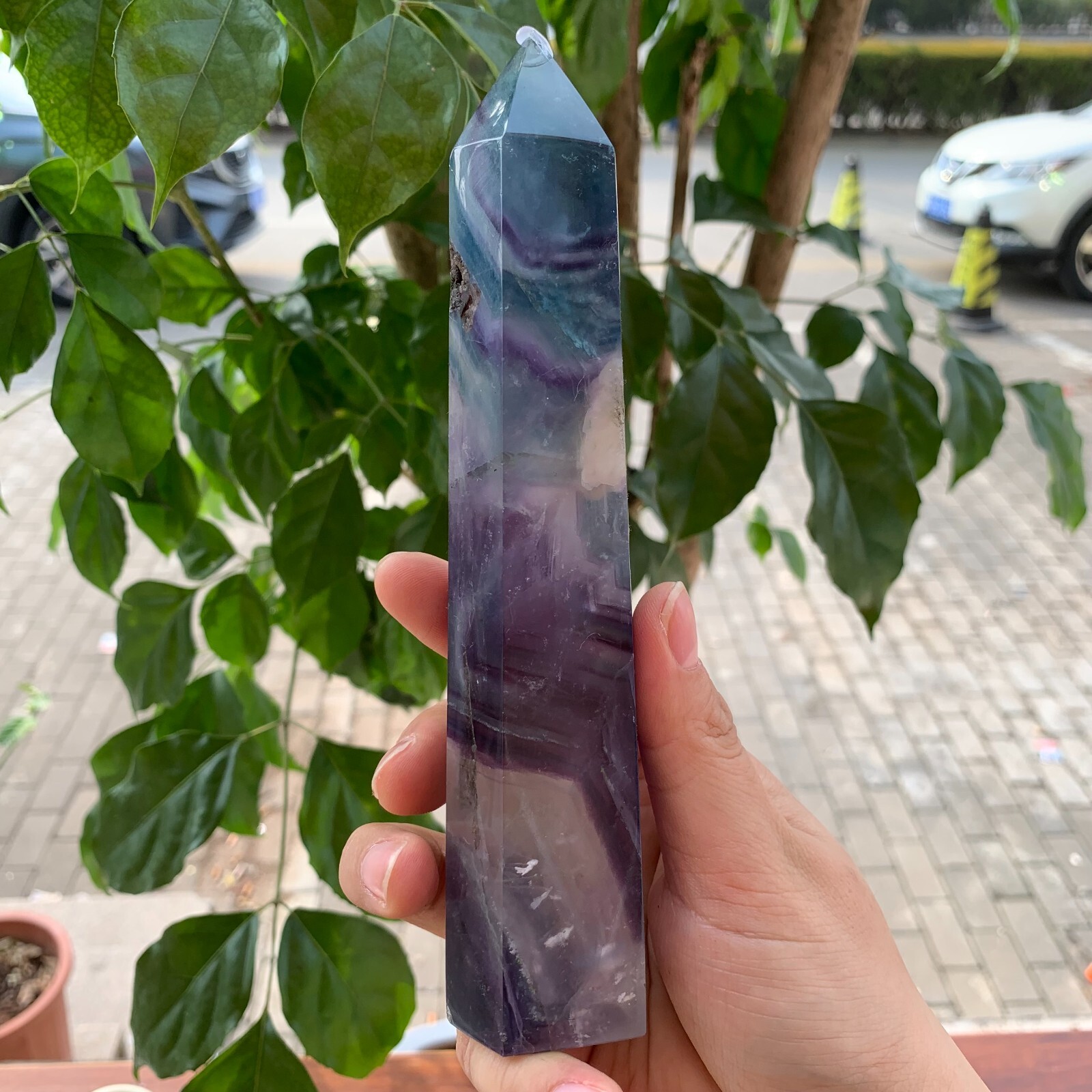 445g Natural Rainbow Fluorite Obelisk Crystal Quartz Tower Point Mineral 172mm