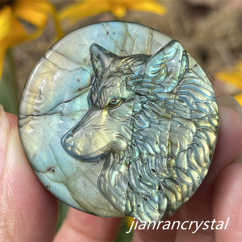 A+ Natural Hand Carved Labradorite wolf Quartz Skull Crystal Reiki Healing 1pc