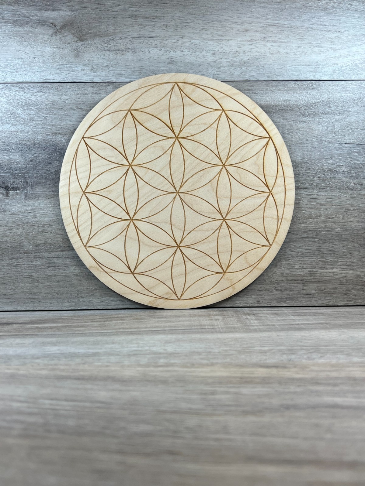 Wood Crystal Grid Plate Sacred Flower of Life Healing Wood Birch 9″ Round
