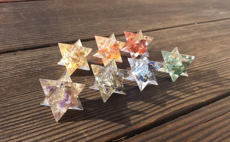 7 CHAKRA MERKABA SET COMPLETE ORGONE GEMSTONE MERKABA STAR SET ORGONE (30-32MM)
