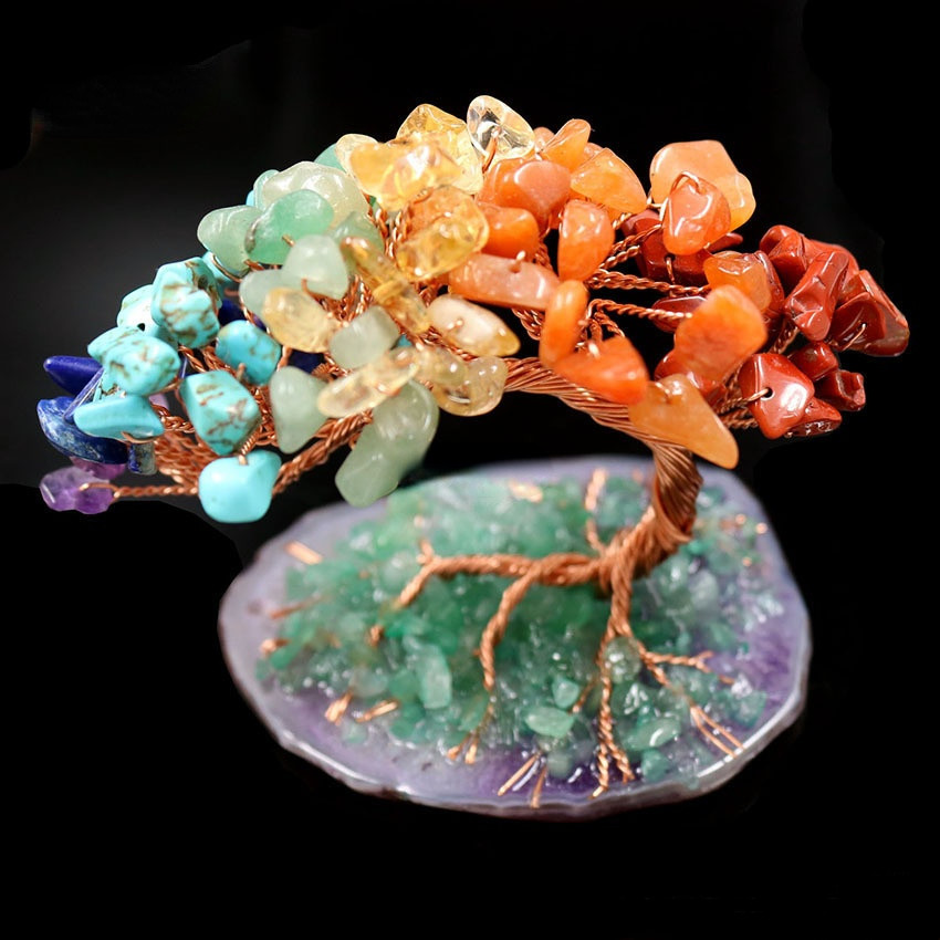 Natural Crystal Tumbled Stones Tree of Life Ornament, Reiki Healing Money