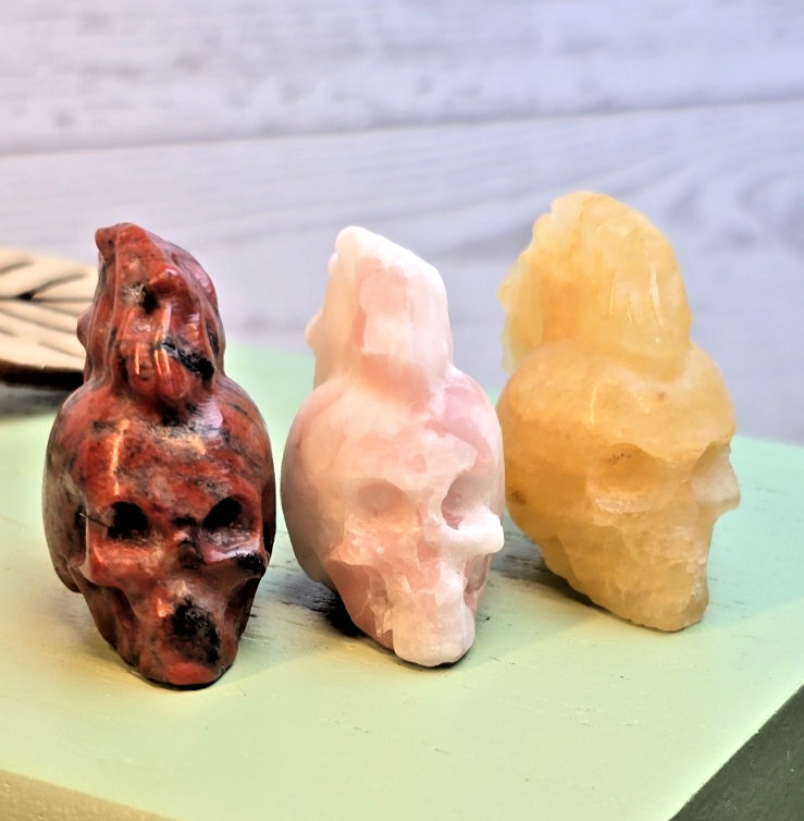 3pc Crystal Skull Set Natural Red Jasper Pink Opal Honey Calcite Goth Punk Decor
