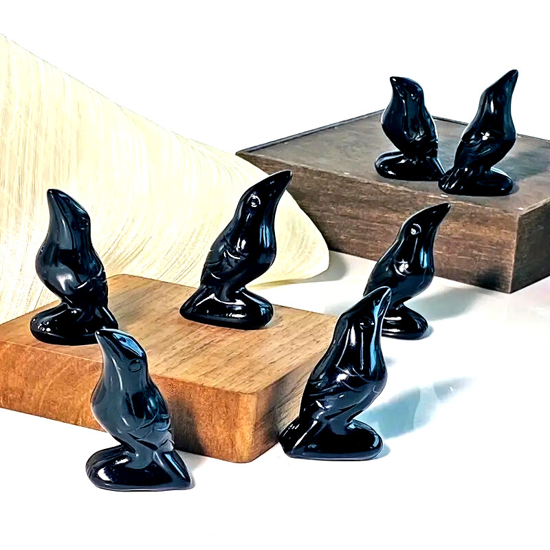 Hand Carved Black Obsidian Crow Crystal Figurines Healing Mineral Specimen