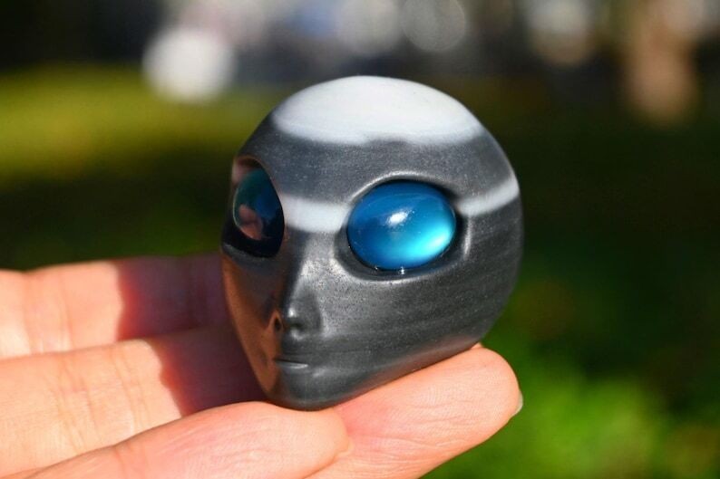 2.3” Natural Tai Chi Stone carved Alien head Reiki Crystal skull decor gift 1pc