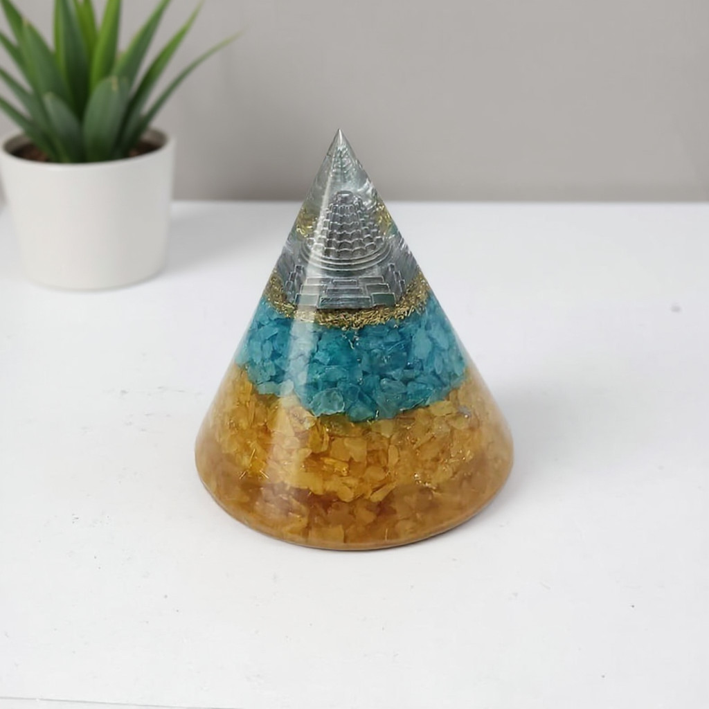 Handmade Cone Orgone Pyramid with Citrine and Apatite Crystals for Abundance