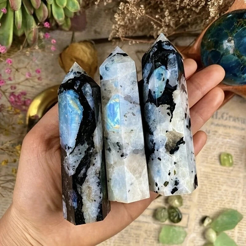 Natural Moonstone Crystal Tower Point Healing Chakra Specimen Obelisk Home Decor