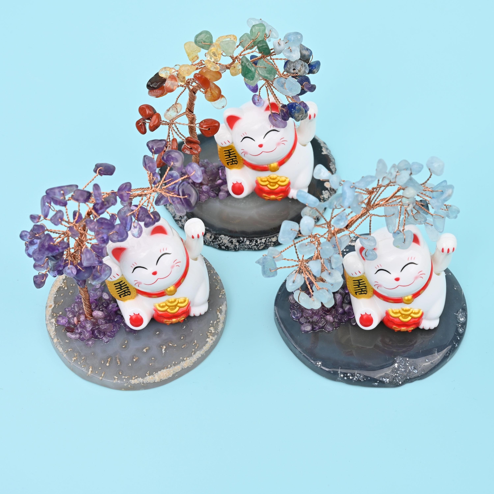4 Inches Fortune Lucky Cat Gemstone Tree of Life
