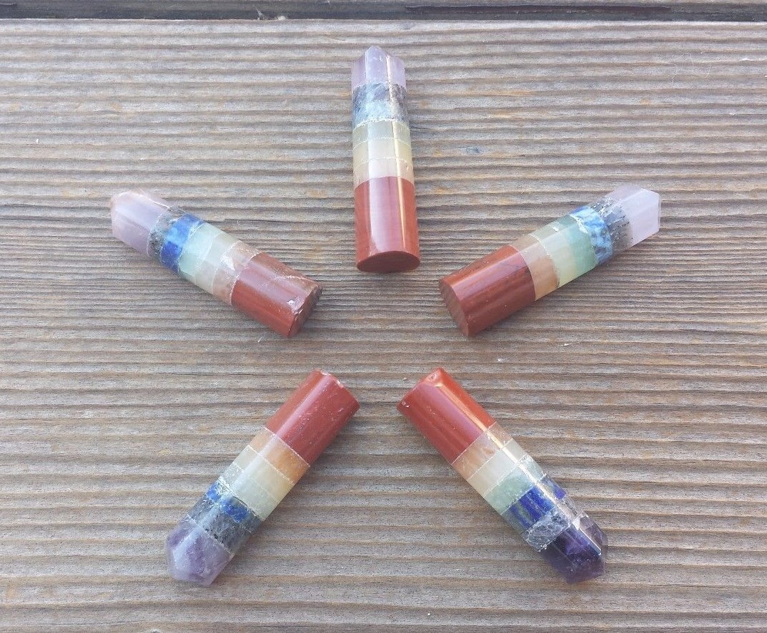 7 CHAKRA BONDED (TYPE 2) SINGLE TERMINATED GEMSTONE CRYSTAL PENCIL POINT (ONE)
