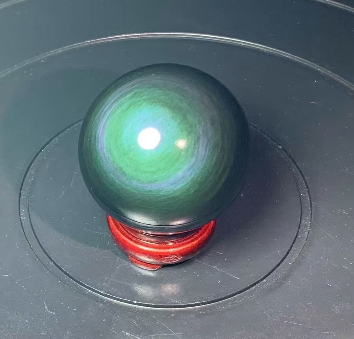 Natural Obsidian Sphere with Stand, Green Rainbow Ball for Home Decor