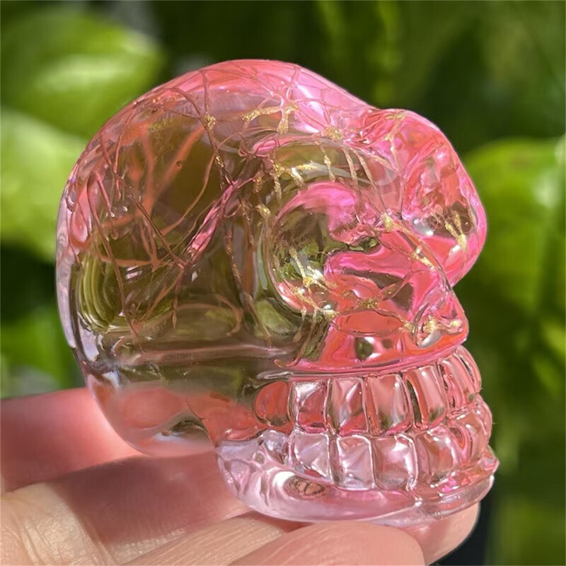 2″ titanium Pink aura smelting quartz skull crystal hand Carved Figurines 1pc