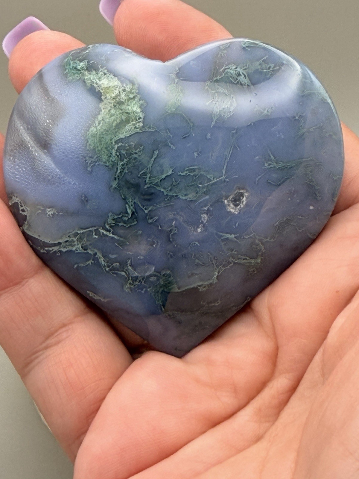 Beautiful Moss Agate Heart Shape Palmstone Natural Crystal Reiki Chakra Healing
