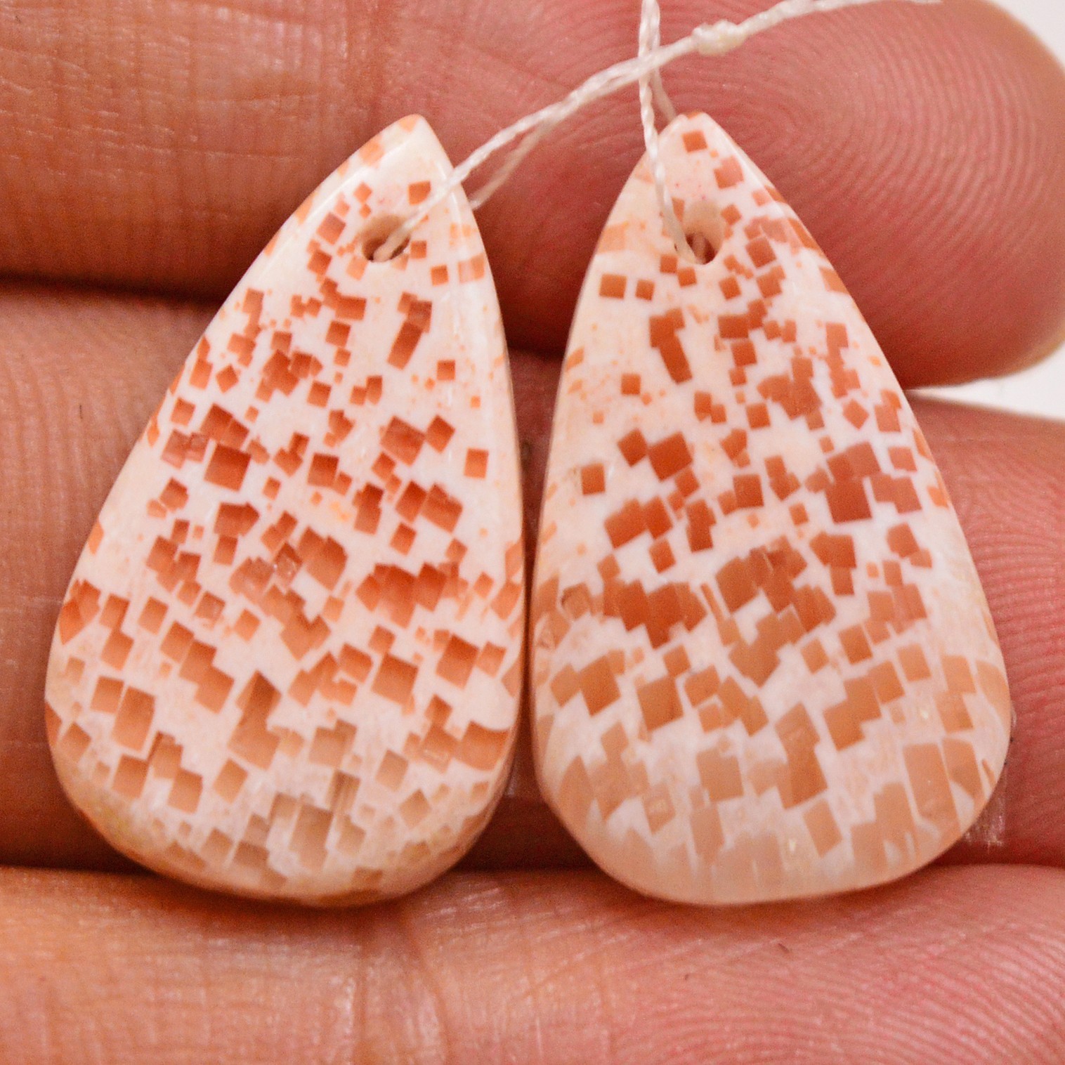 16Cts Natural Pink Scolecite Pair Cabochon Front Drill Earrings 21x11mm #P3206