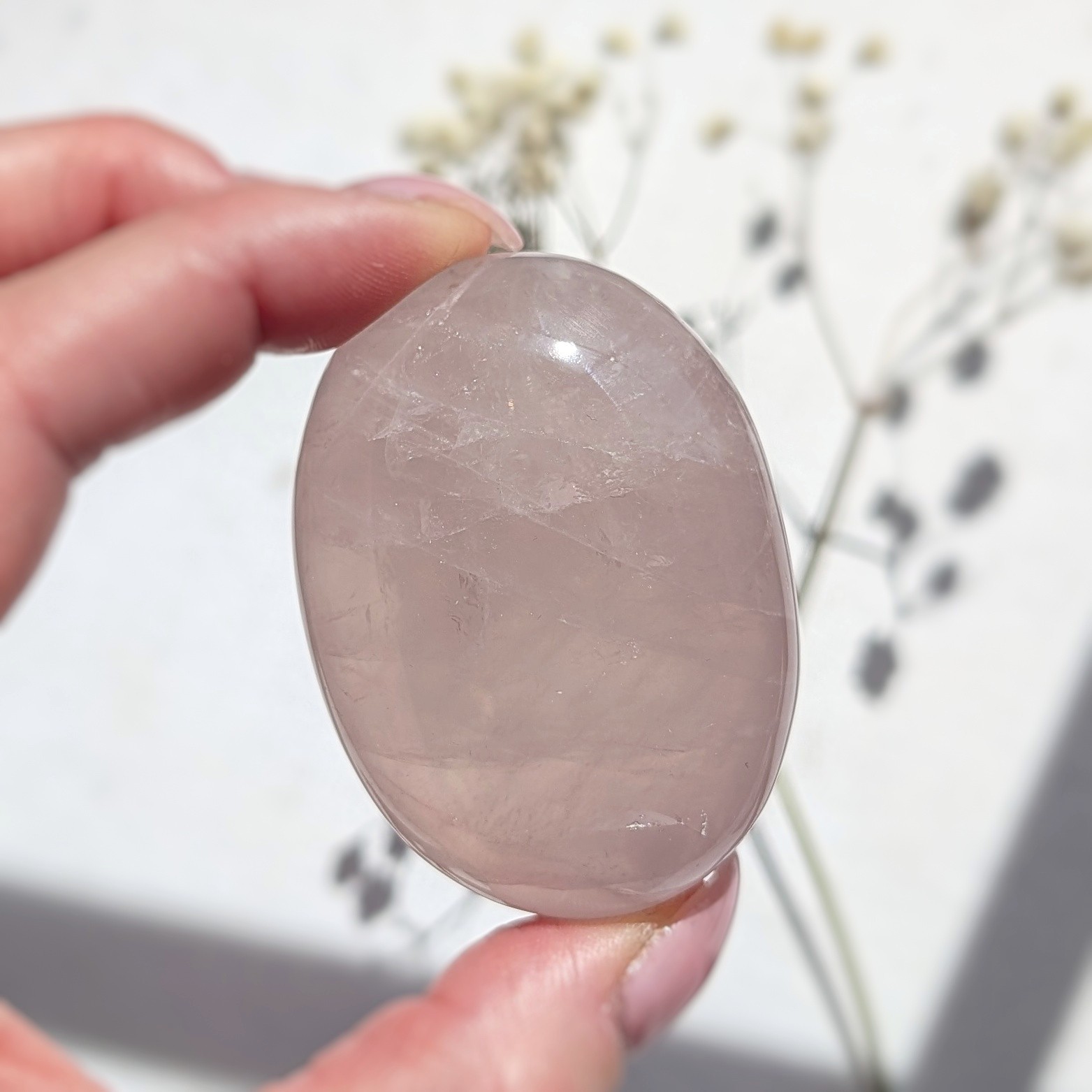 2″ shimmery rose quartz palmstone with asterism, star rose quartz palm crystal