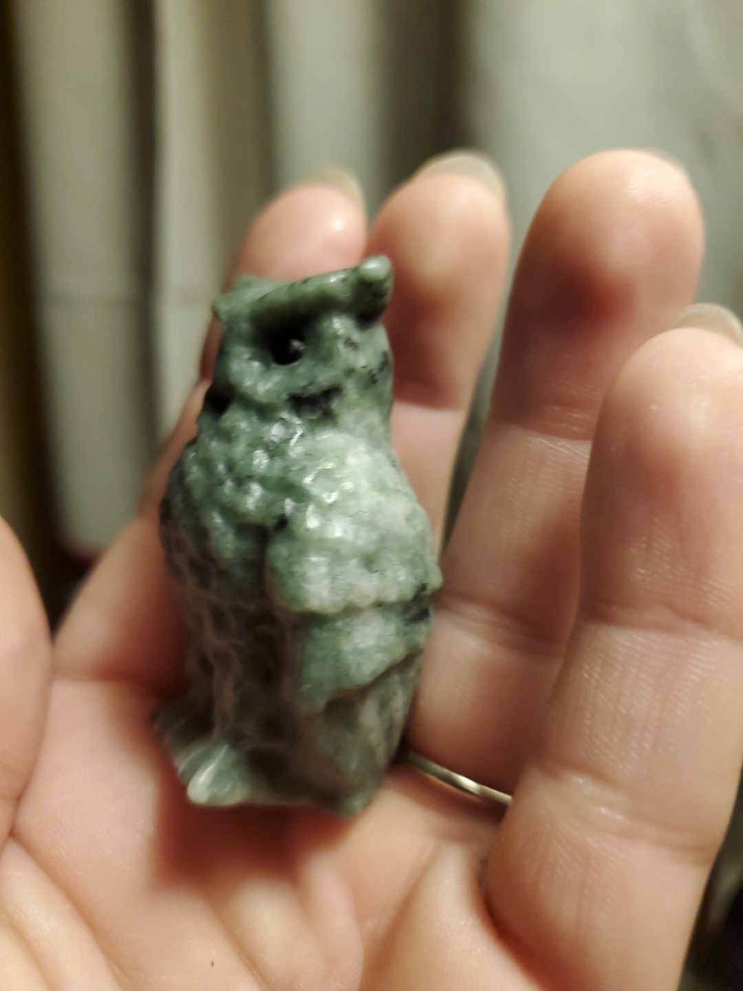Carved Ophiolite Owl Crystal Figure