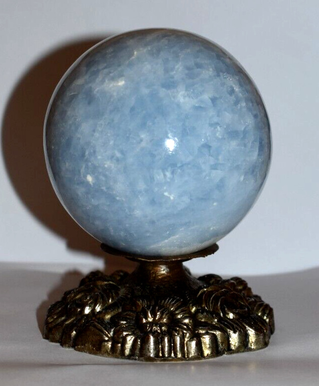 Celestite Crystal Ball Sphere Orb Natural Blue 3 lb Large,Cast Bronze Base Stand