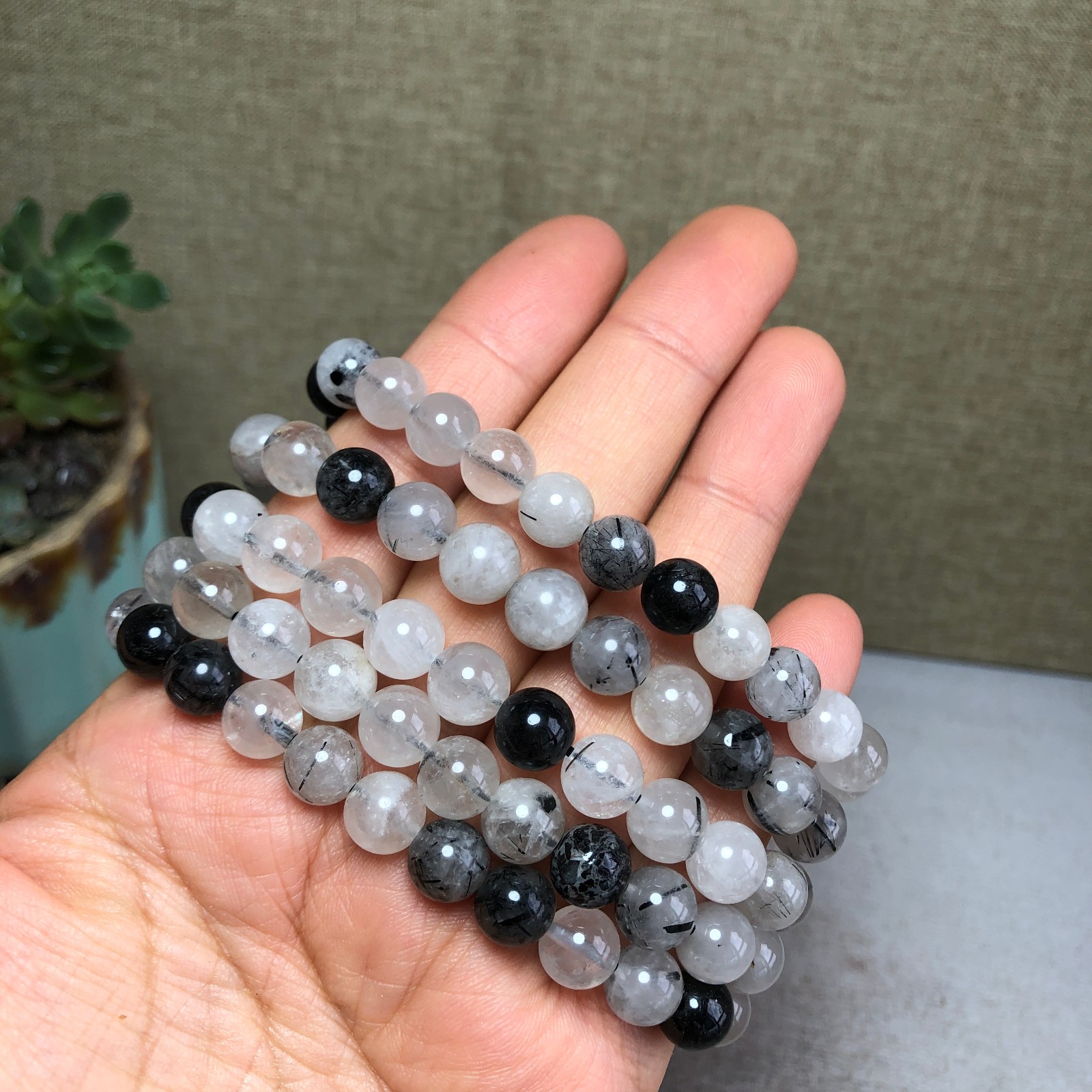 5pcs Natural black Tourmaline Crystal chain beads bracelet 7mm-8mm A4771