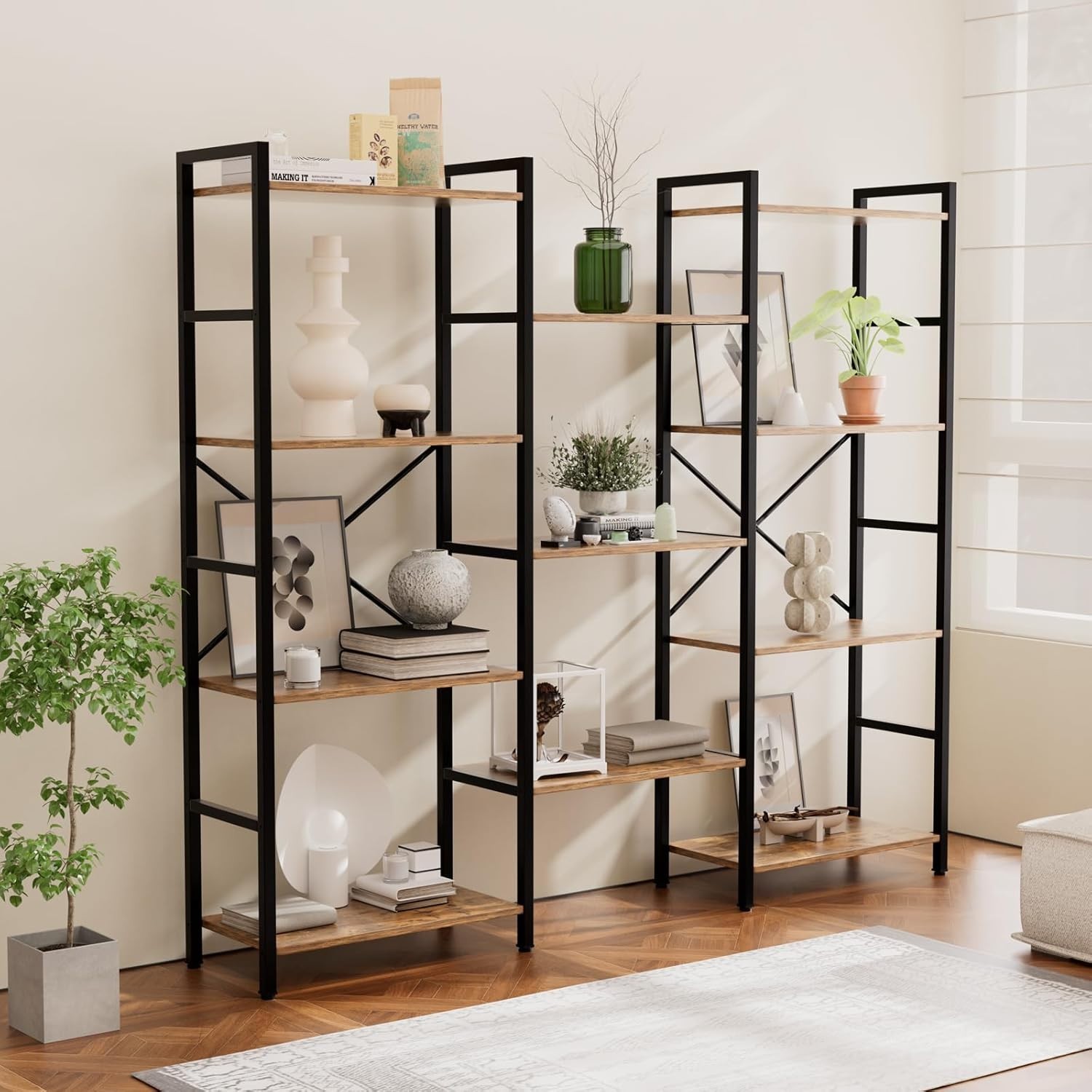 Triple 4 Tier Book Shelf, Modern Bookcase Shelf, Freestanding Large Display Shel