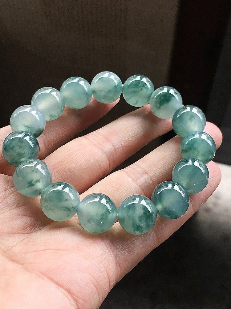 Dulong Jade Bracelet Ice Type 12mm Blue Green Beads Chinese Style for Men Women