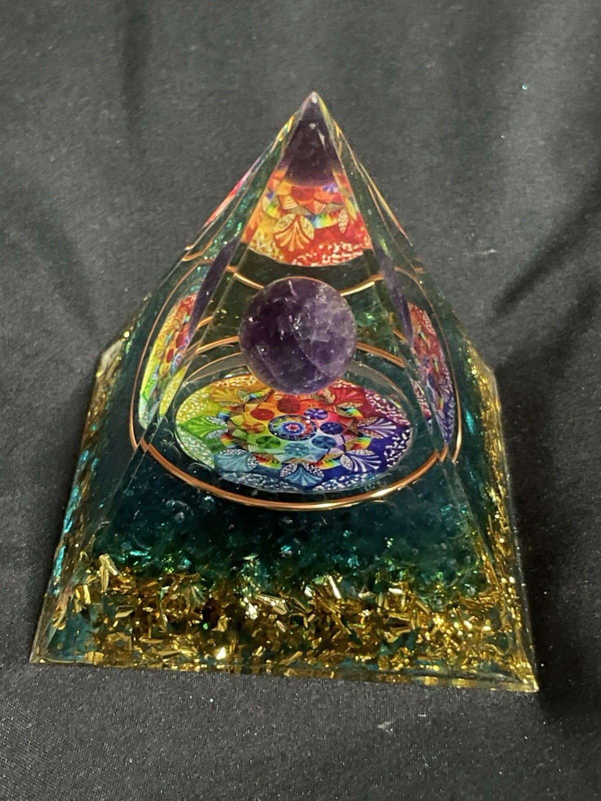 Amethyst Crystal Sphere Orgonite Pyramid Copper Chakra Healing Approx 3.5 Inch