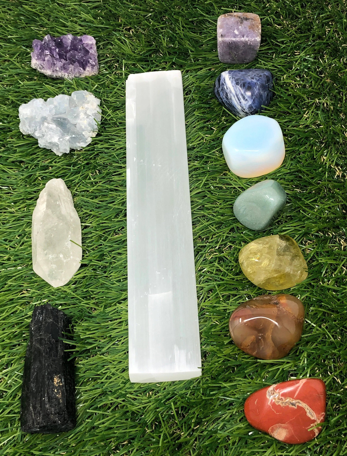 7-Chakra Crystal Set, Raw and Polished Stones, Selenite Satinspar Plate