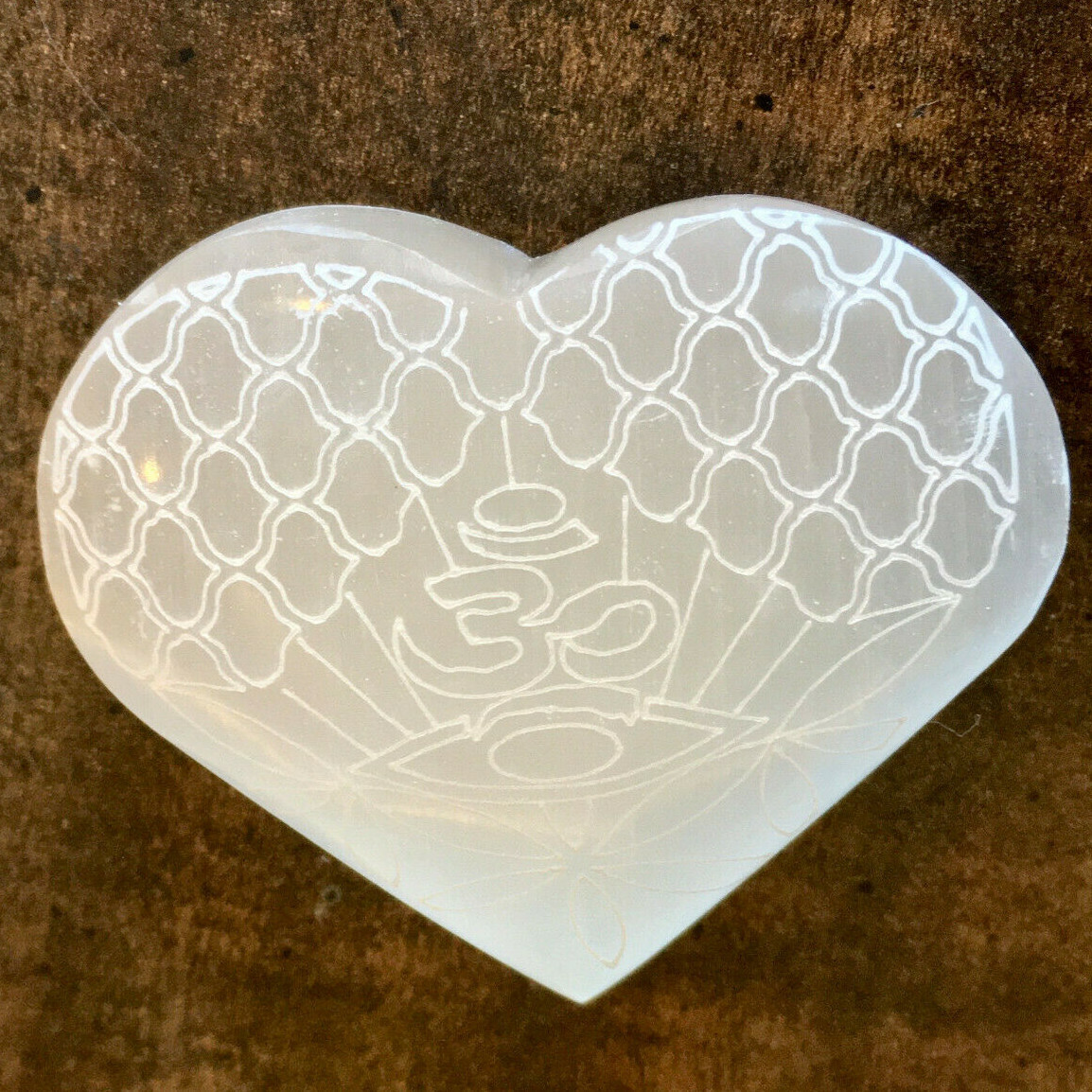 Polished Selenite Heart Crystal Engraved Om Mandala Lotus Carved Gemstone Love