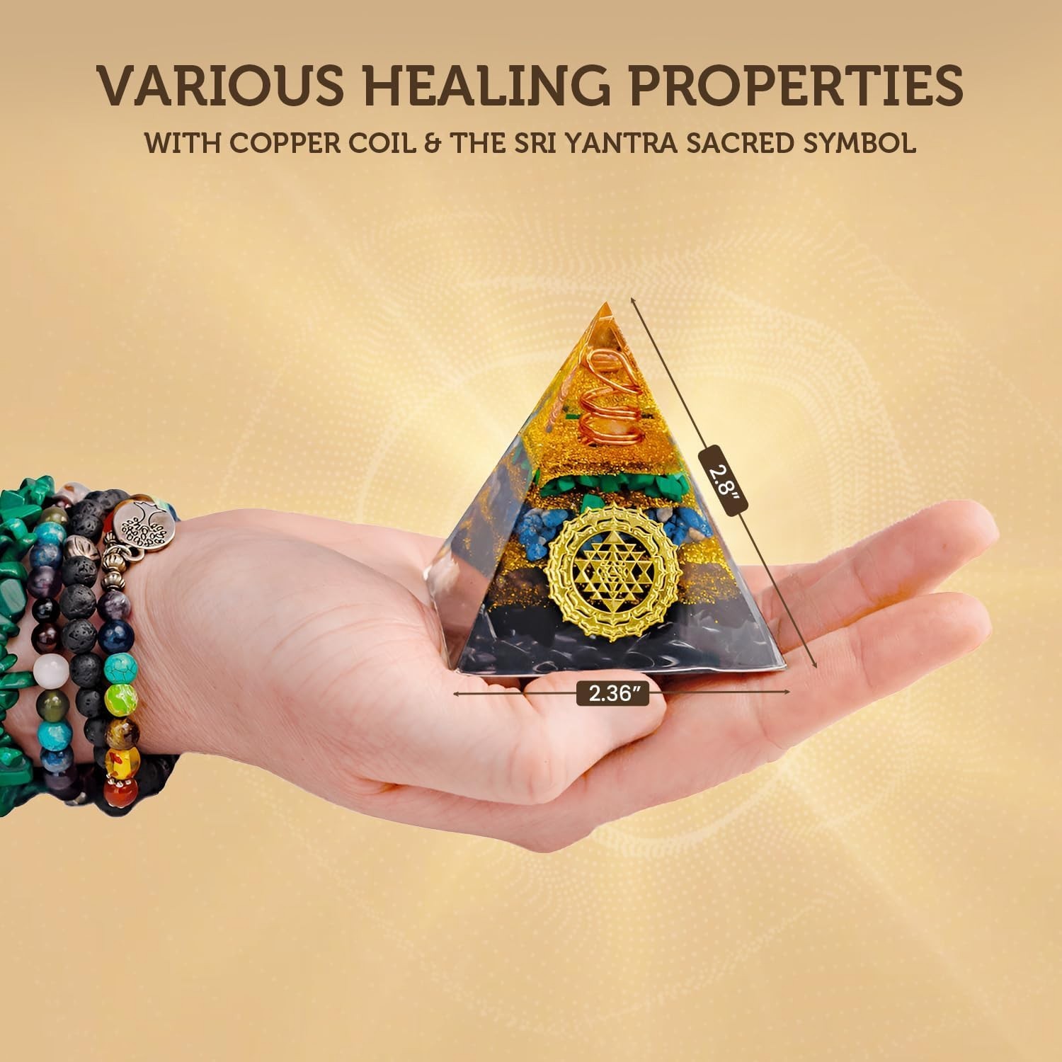 Orgone Pyramid 2.4 Inch Malachite Lapis Lazuli Amethyst Wealth Happiness Fortune