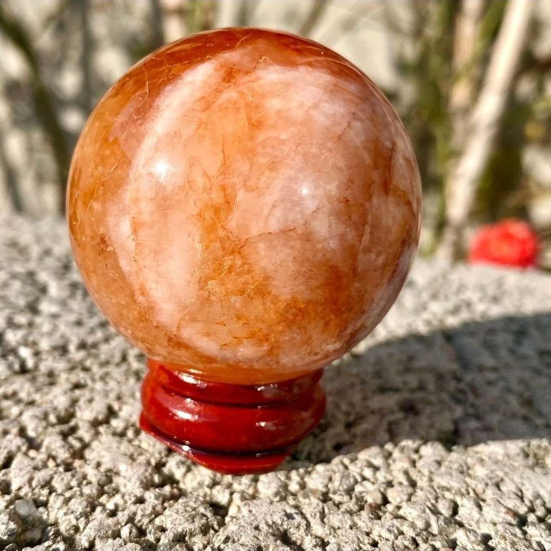 124G Natural Red Fire Quartz Crystal Stone Sphere 44mm With Stand