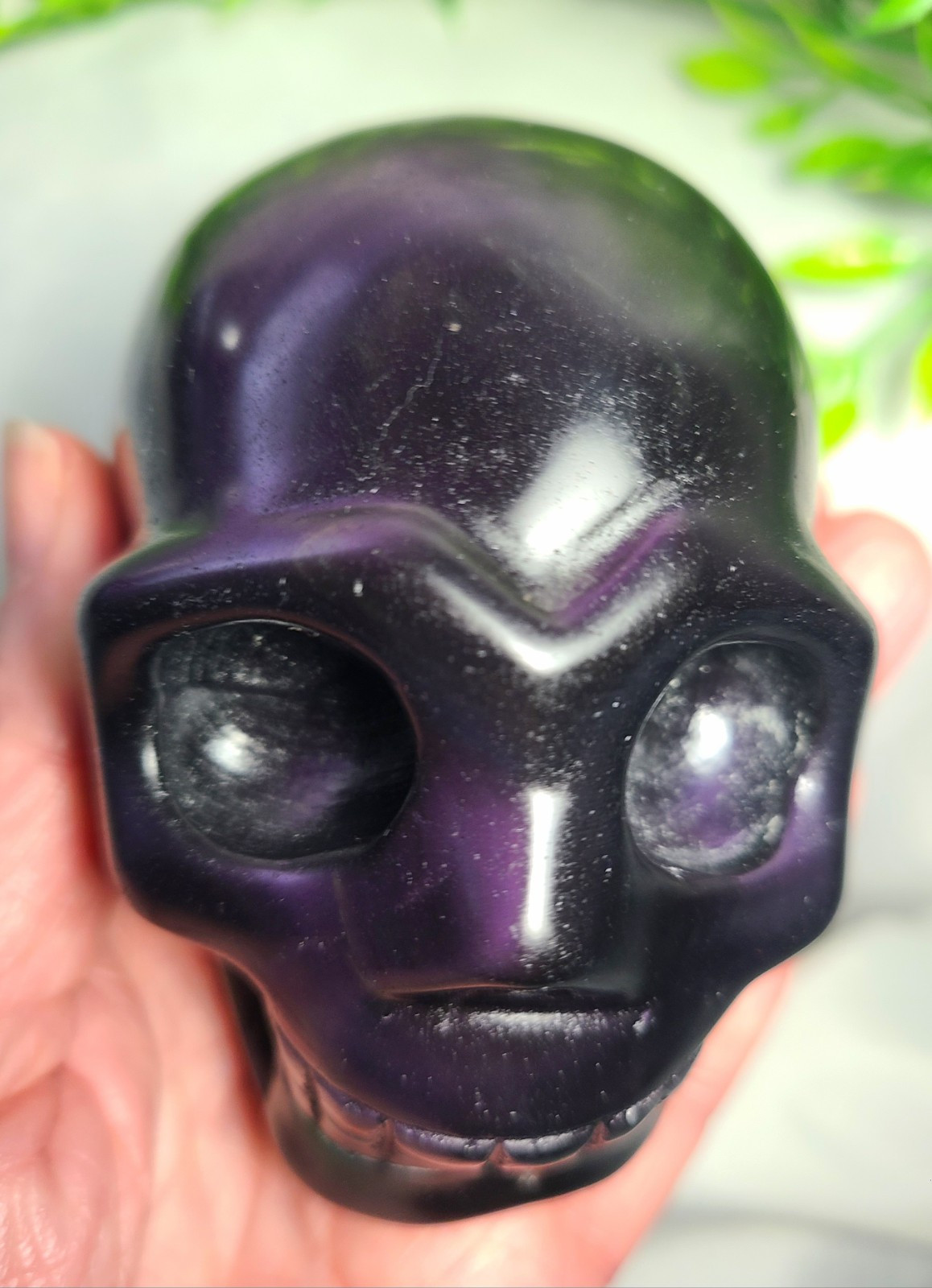 Rare Large 3.6″ 504g Purple Flash Rainbow Obsidian Skull Head Crystal Carving