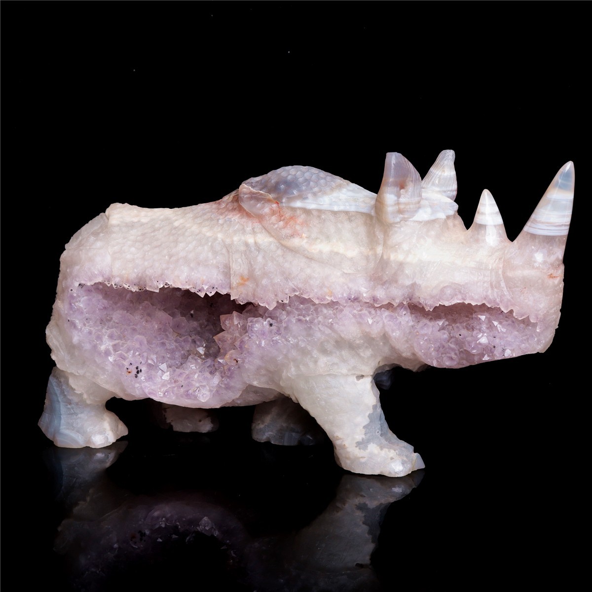 9″ Amethyst Agate Crystal Rhino Figurine Quartz Animal Carvings