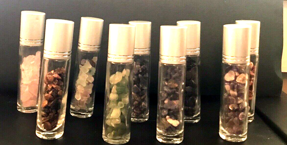Glass Bottle Natural Crystal Stones with Gemstone Roller Ball Top set of 9.