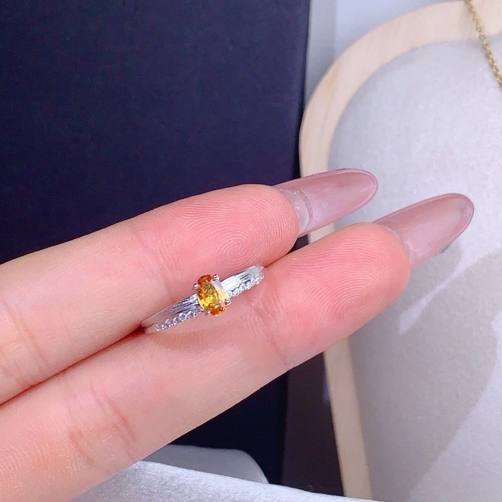 Natural Citrine open Adjustable brushed ring Gemstone S925Silver Plated18K Gold