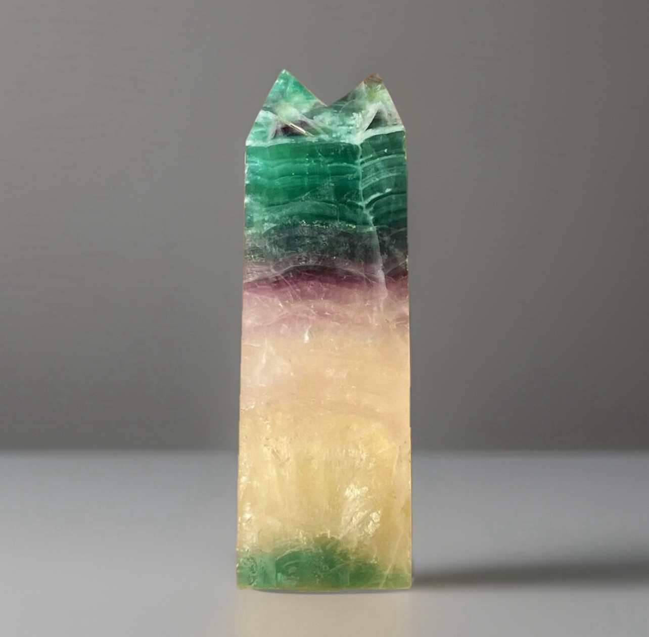 Fluorite Double Twin Crystal Point – Moody Green Yellow Cream Fluorite Tower