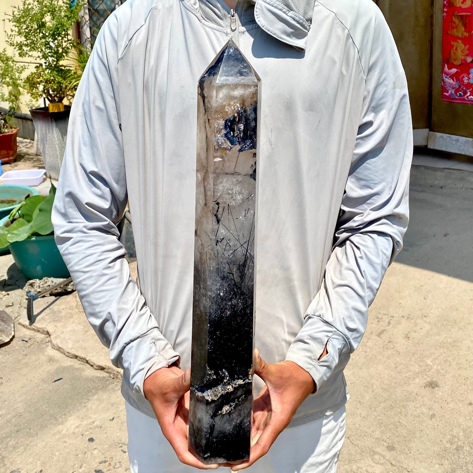11LB Natural black hair and white crystal symbiotic aura gem mineral point